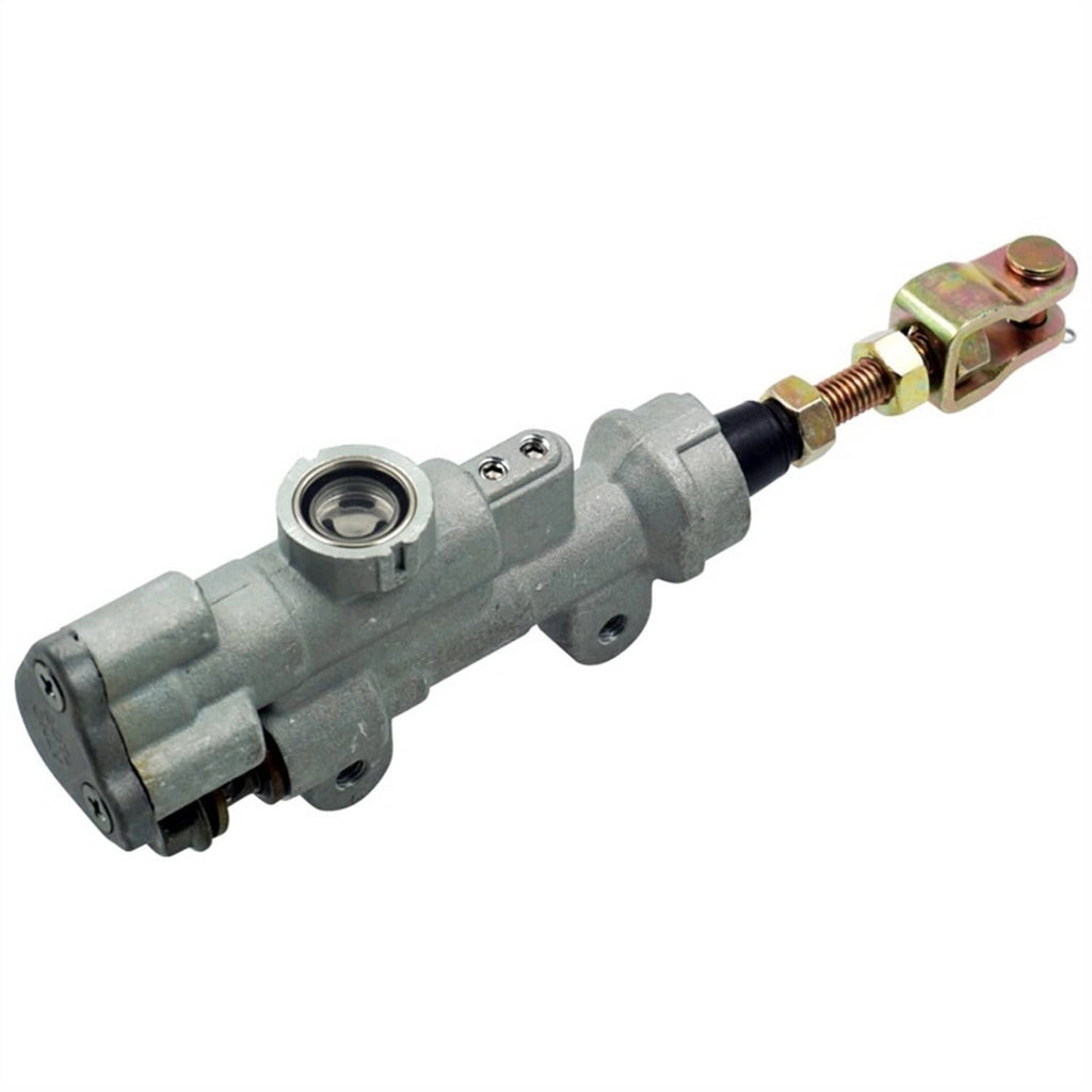 Rear brake master cylinder with gray body, black boot, and gold tone brake line fitting