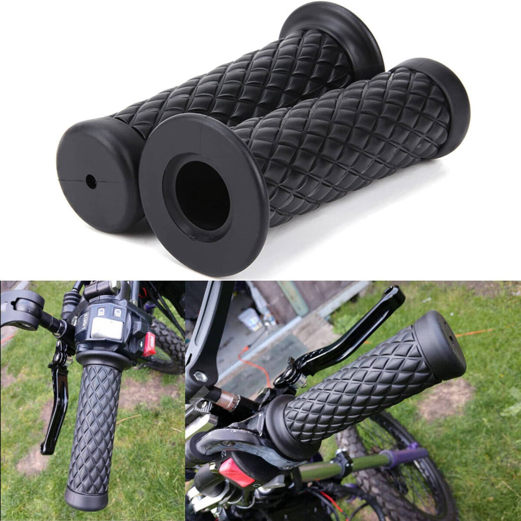 Pair of black motorcycle hand grips with diamond-textured rubber and round end mounts