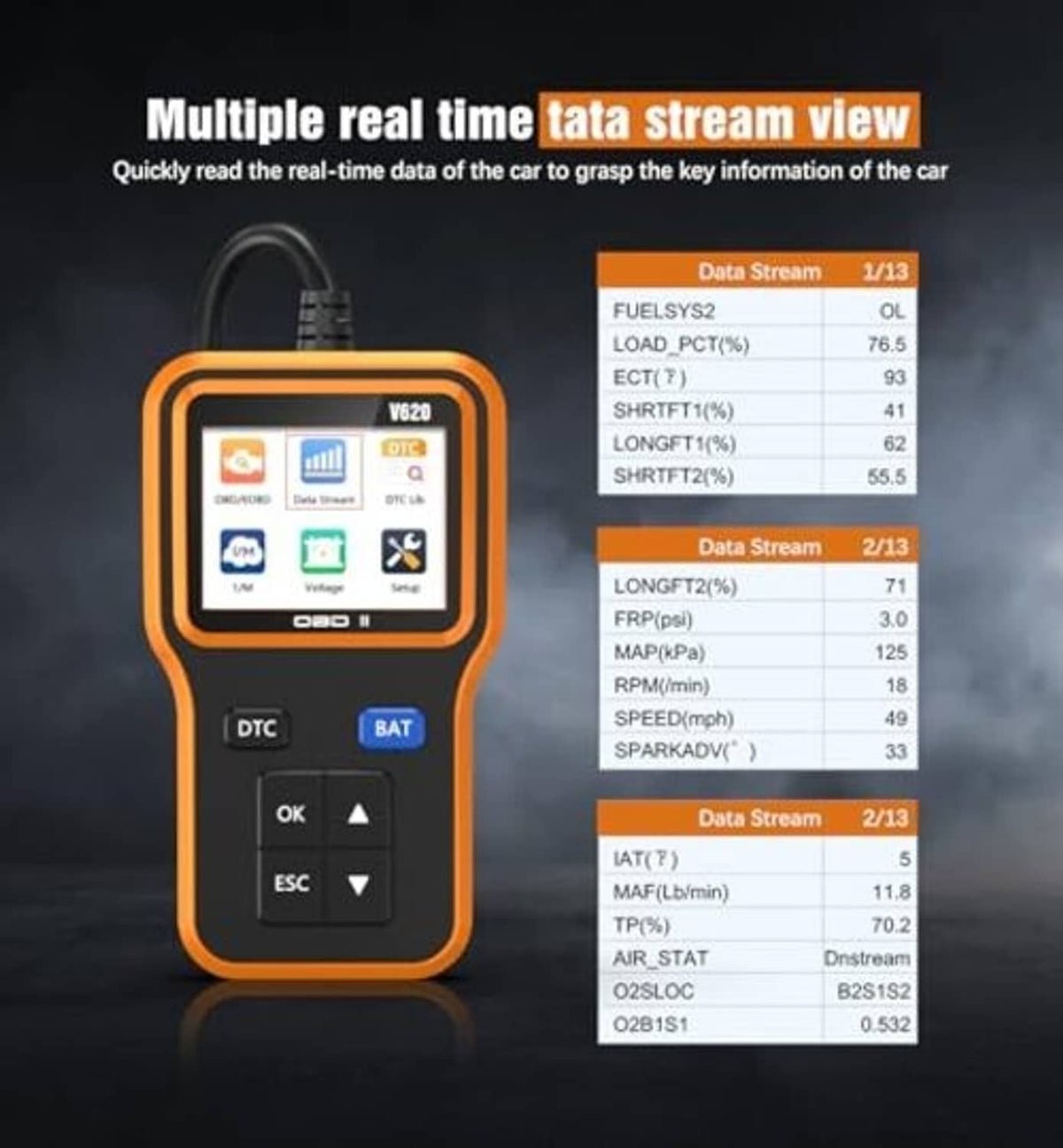 Orange OBD2 scanner displaying data stream tables on its screen