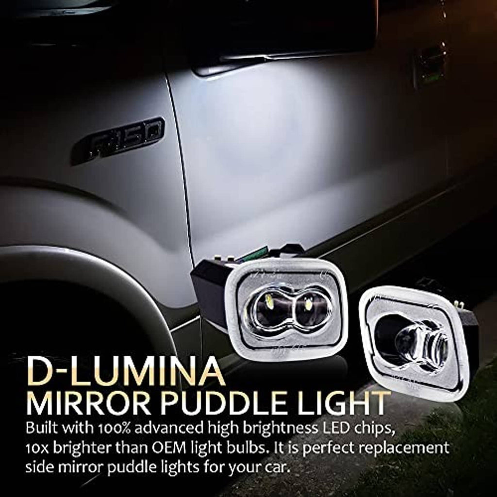 LED mirror puddle lights mounted near vehicle panel, chrome lens with dual bulbs