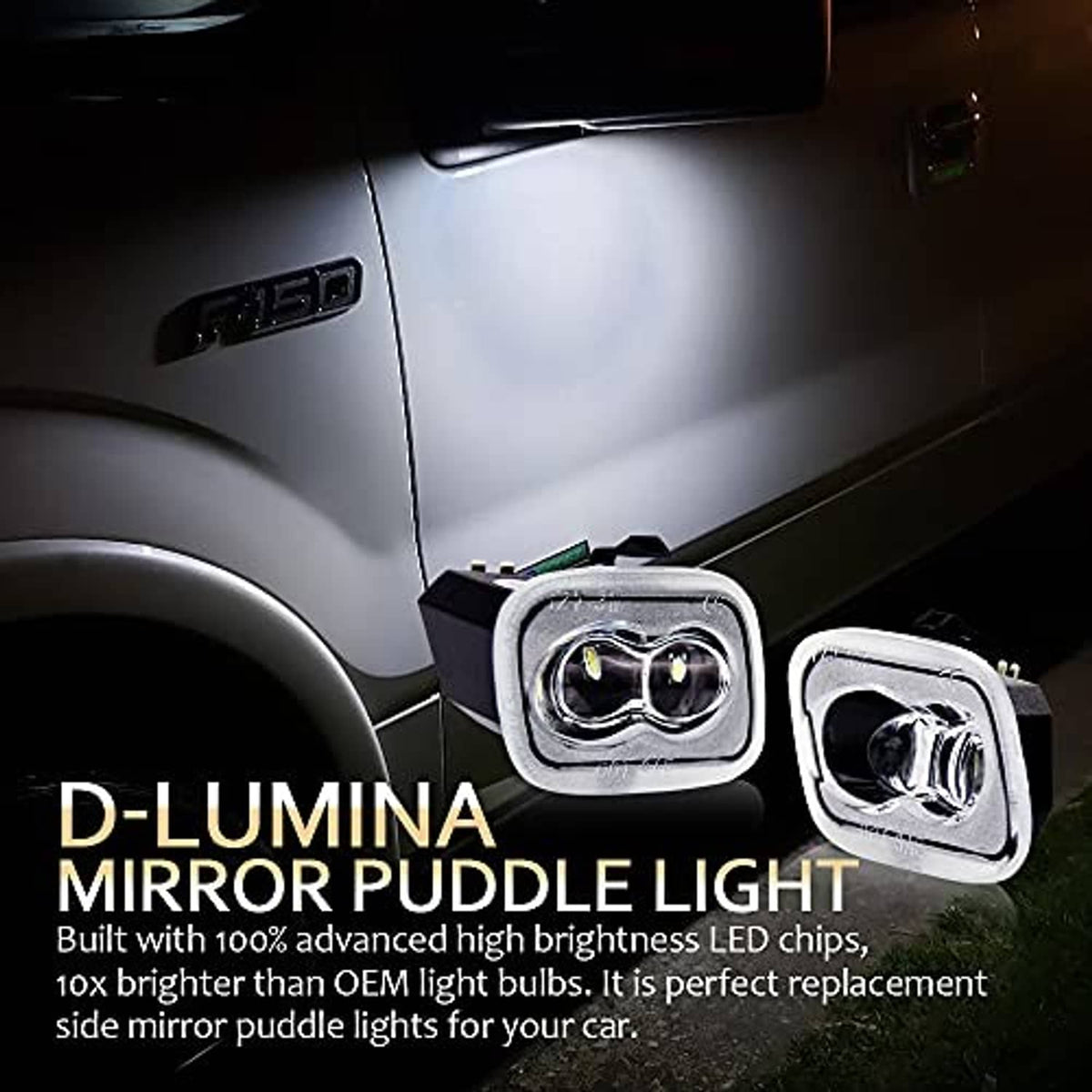 LED mirror puddle lights mounted near vehicle panel, chrome lens with dual bulbs