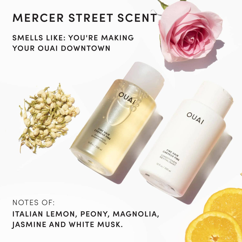 Fine hair shampoo and conditioner set with OUAI bottles, gold, white, and clear mist.