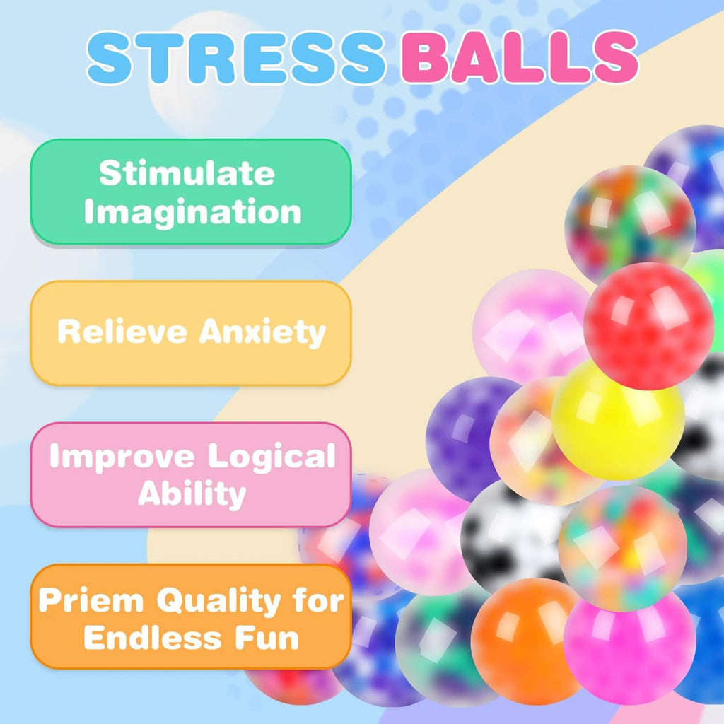 Cluster of multicolor squishy stress balls, showing glossy round texture