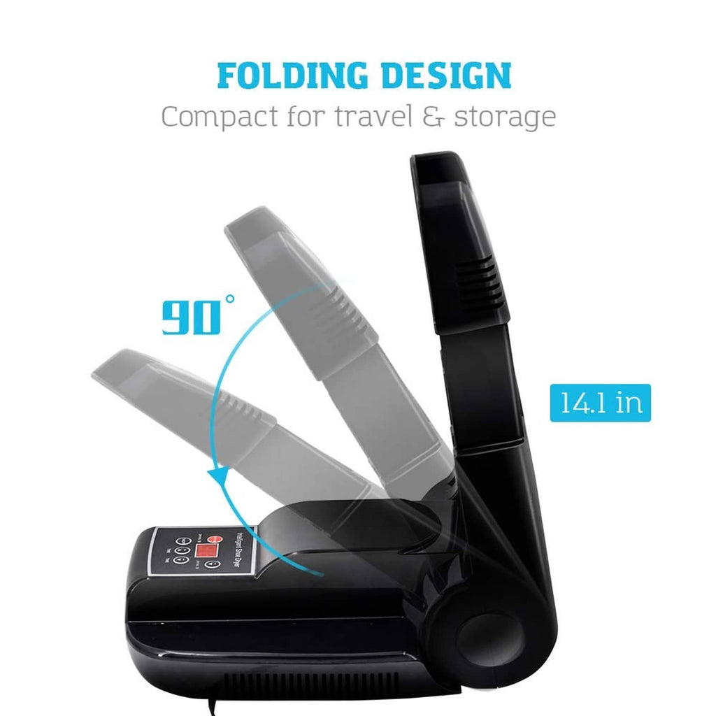 Black folding shoe dryer with compact 90-degree base and two arm racks