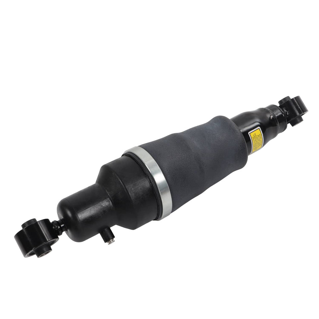 Black rear air suspension shock strut with silver band and rubber mounting brackets