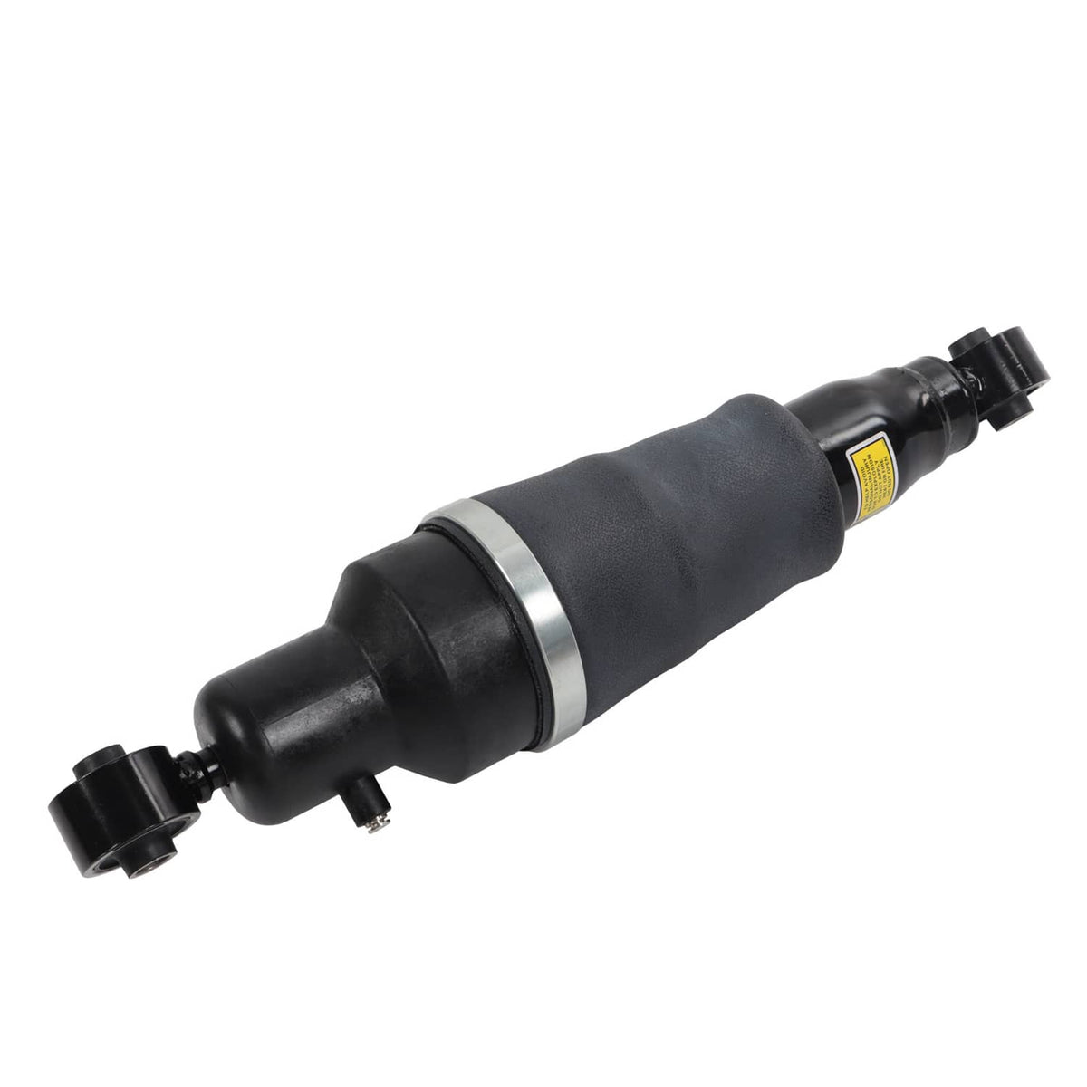 Black rear air suspension shock strut with silver band and rubber mounting brackets