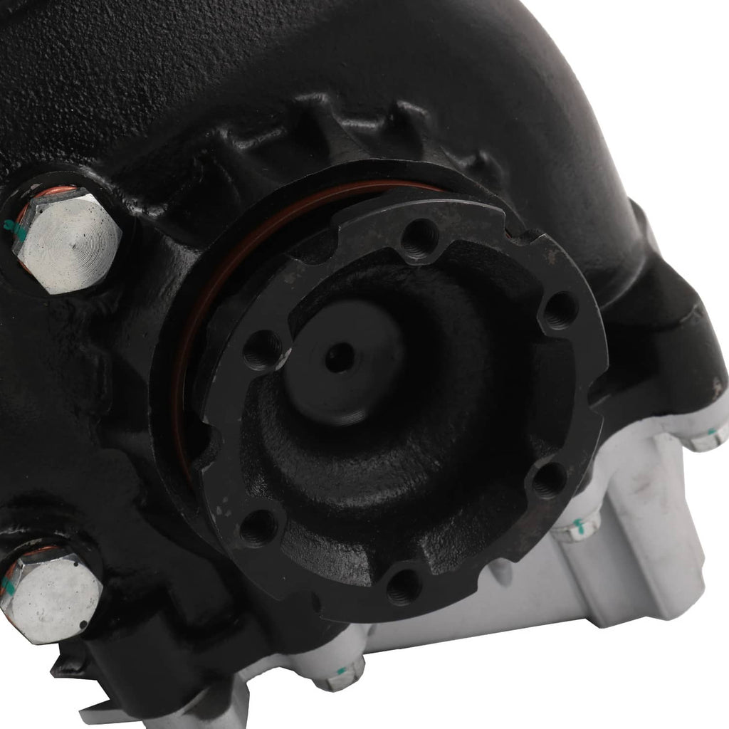 Rear differential carrier assembly, black metal housing with circular mounting flange