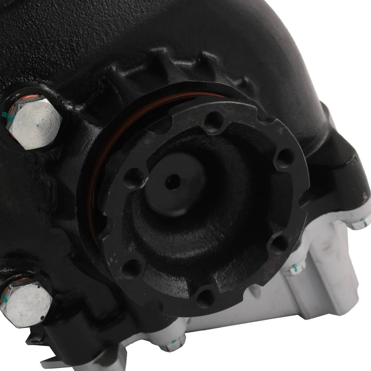 Rear differential carrier assembly, black metal housing with circular mounting flange