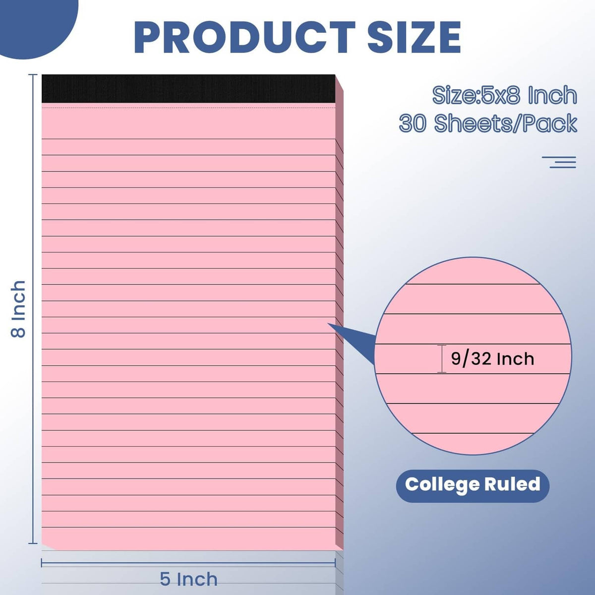 Pink small note pad with college-ruled lines and perforation edge, 5x8 inches
