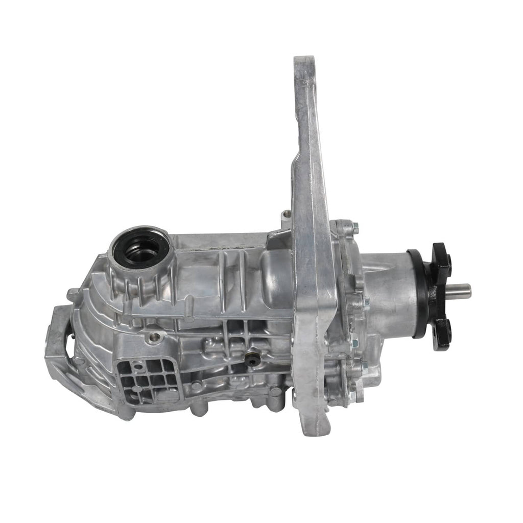Rear axle differential assembly side view with silver case and output shaft