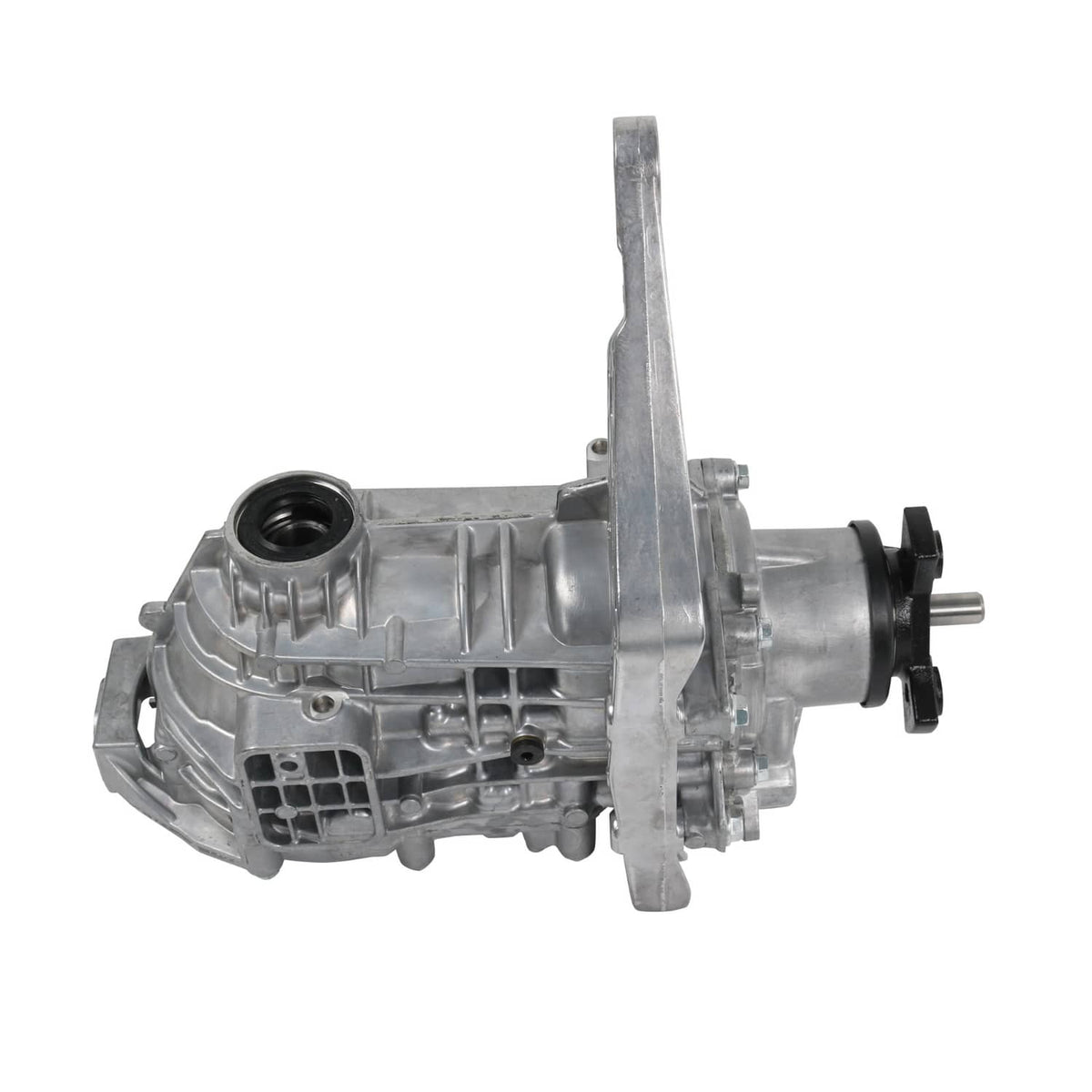 Rear axle differential assembly side view with silver case and output shaft