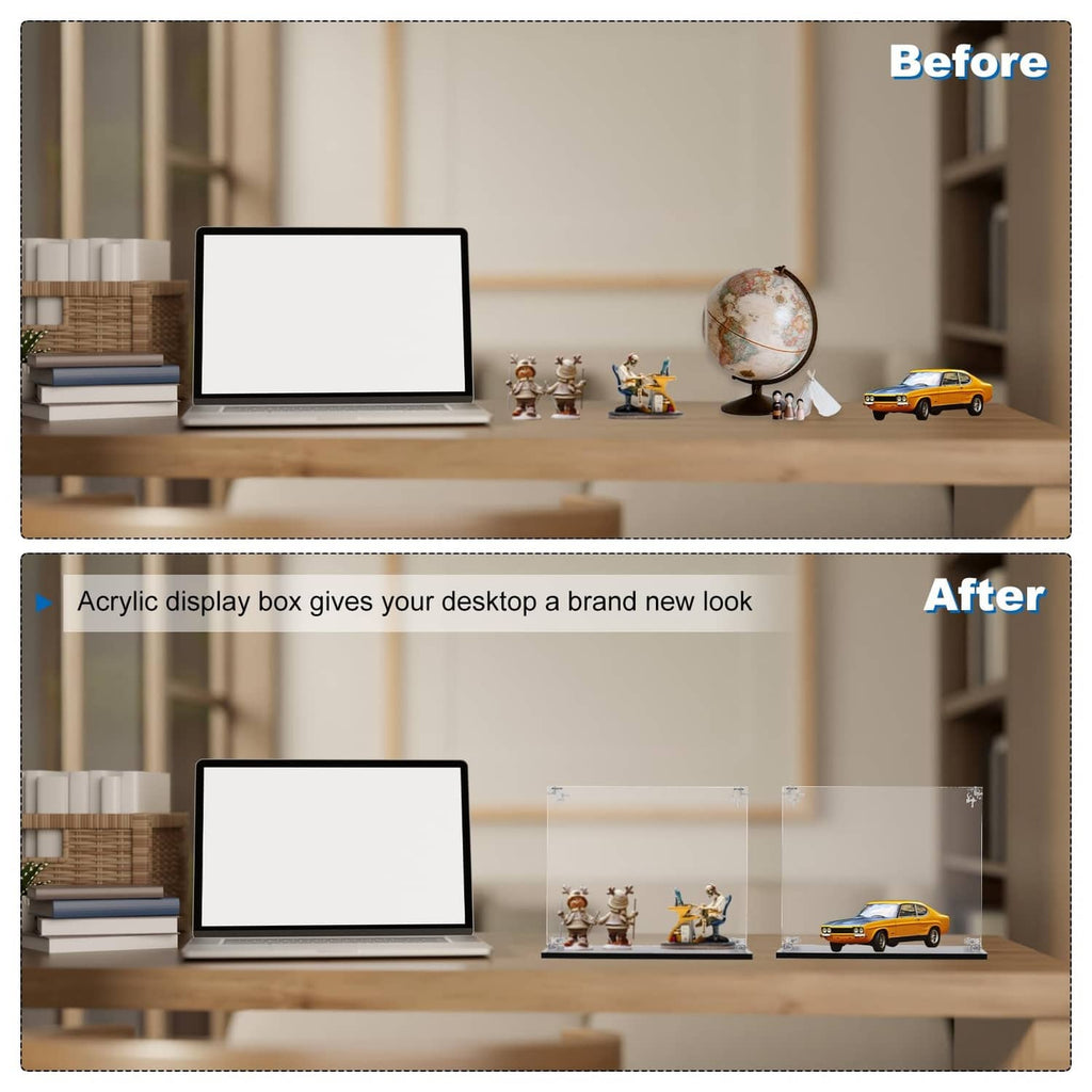 Clear acrylic display case with dark base on shelf, featuring globe and figurines