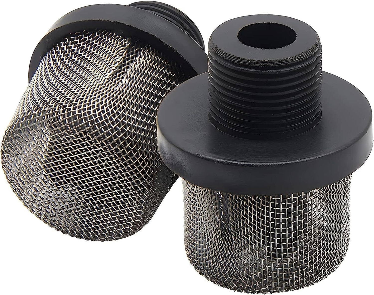 Pair of steel mesh inlet suction strainers with black threaded bases
