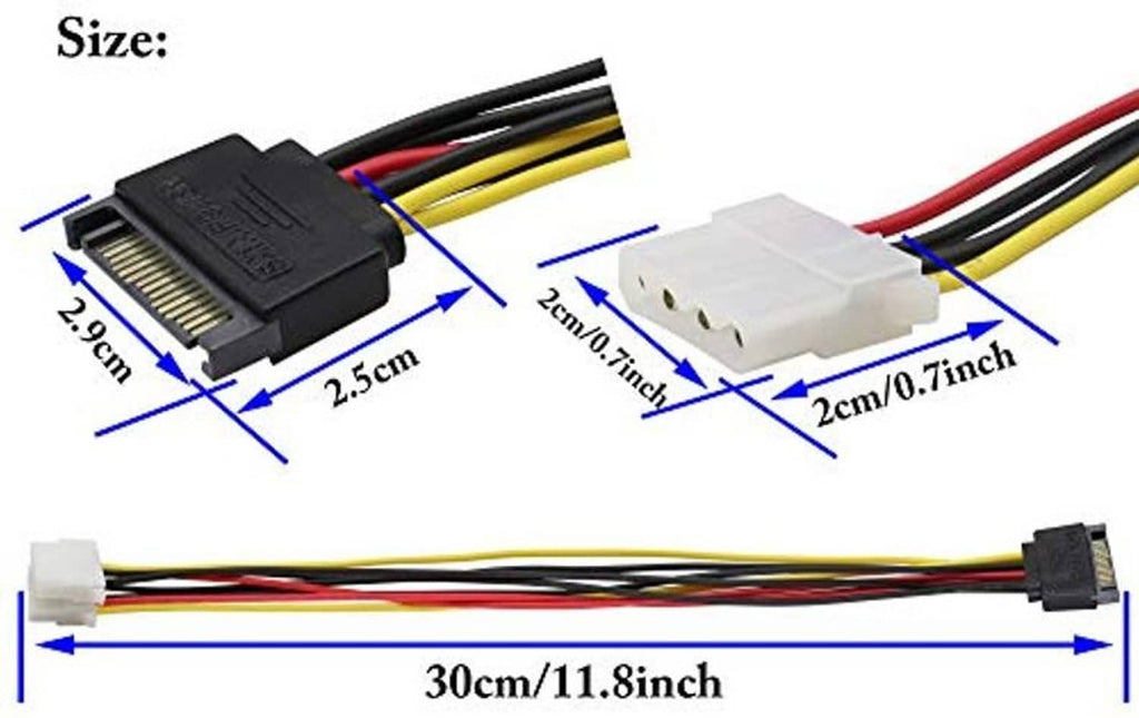 Power cable with SATA 15-pin and dual 4-pin Molex connectors; 30cm length shown