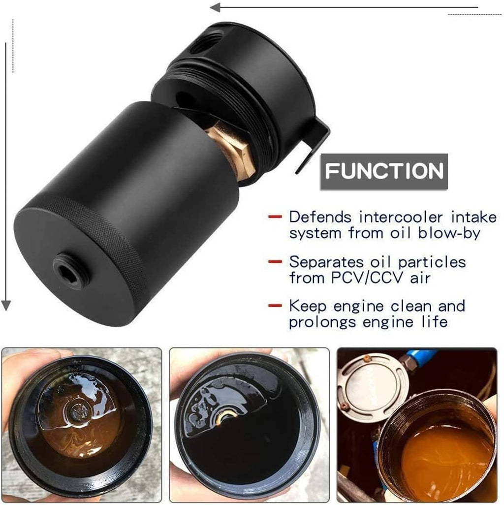 Black oil catch can with threaded fittings and textured cylinder body