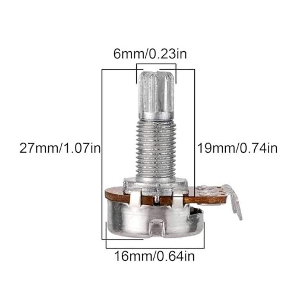 Metal split-shaft guitar volume potentiometer with labeled dimensions: 6mm, 19mm, 27mm, 16mm