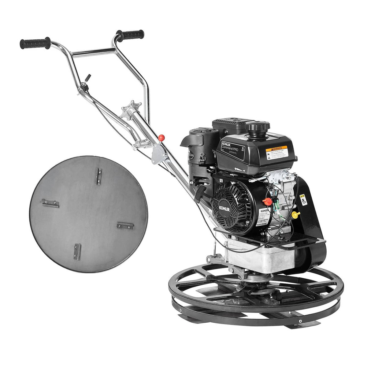 24-inch walk-behind power trowel with circular float pan and rotating blade disk, angled view