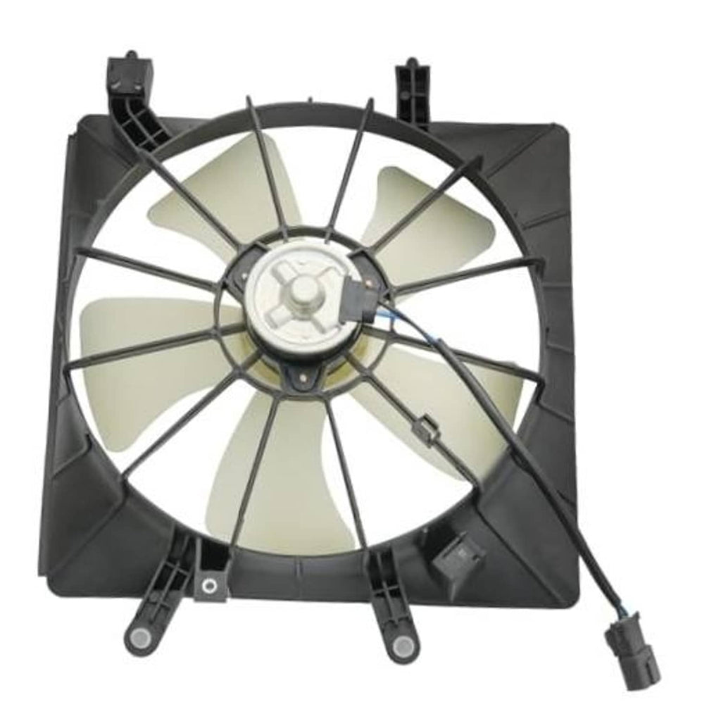 Engine radiator cooling fan assembly with black shroud and white multi-blade fan