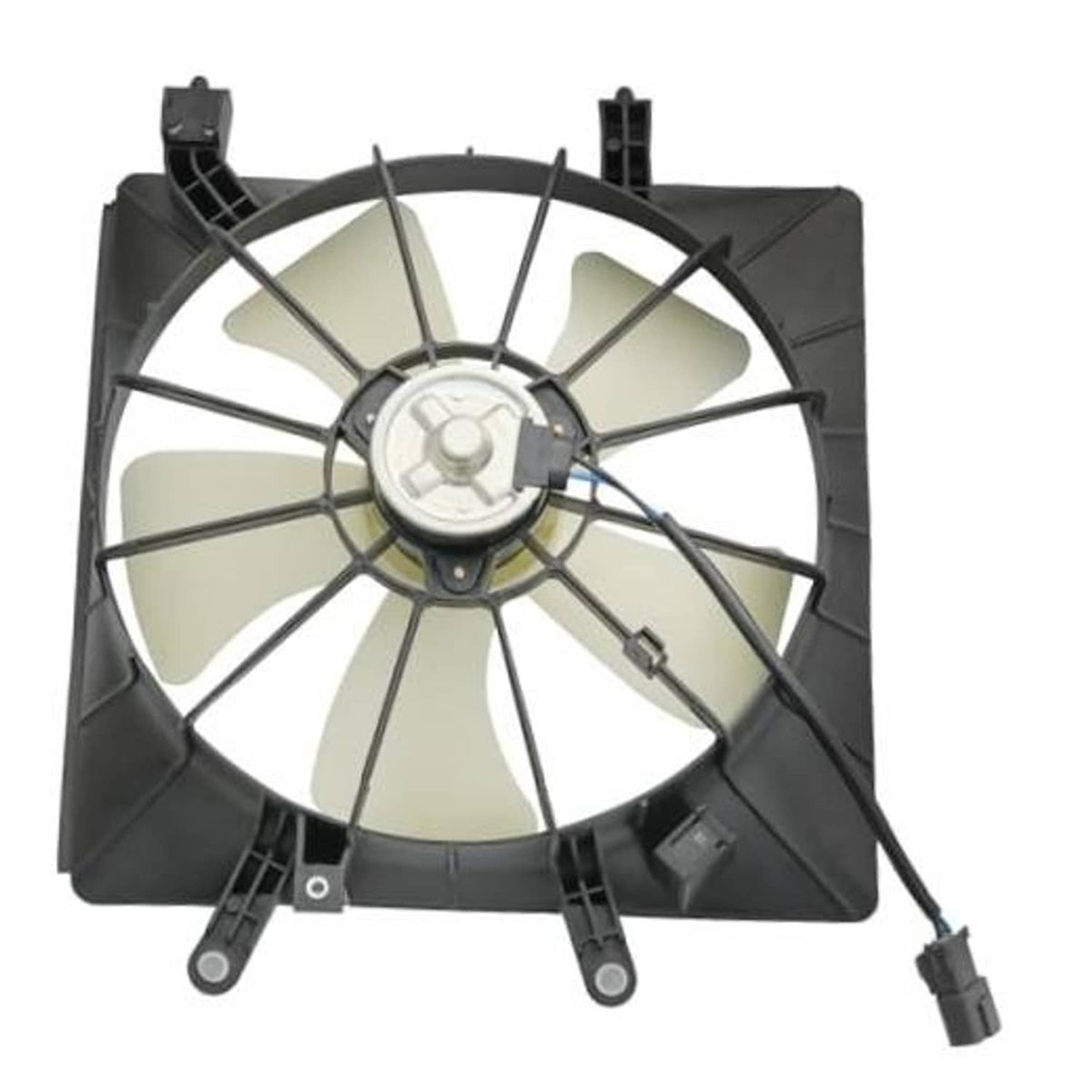 Engine radiator cooling fan assembly with black shroud and white multi-blade fan
