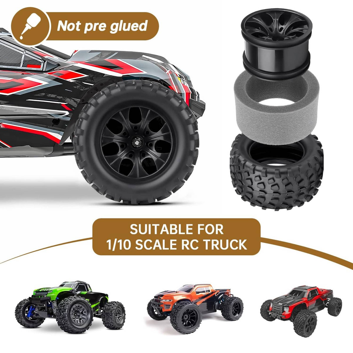 1/10 RC truck tire and black wheel with foam inserts, not glued