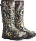 Men's camo hunting boots with tall neoprene shaft and molded rubber tread sole.