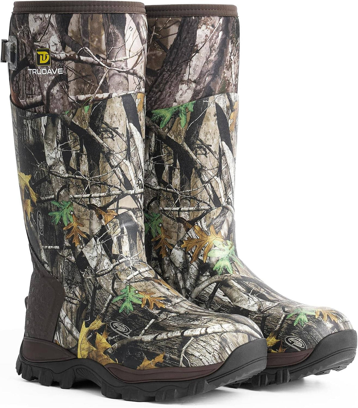 Men's camo hunting boots with tall neoprene shaft and molded rubber tread sole.