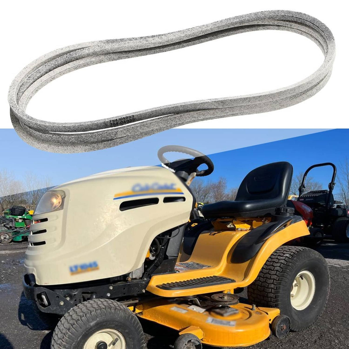 Grey V-belt for mower deck, continuous loop with textured fabric surface