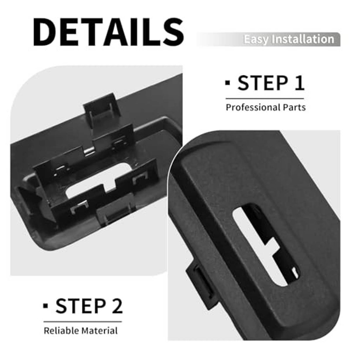 Dark gray seat switch trim bezel panel with U-shaped insert and mounting clip tabs