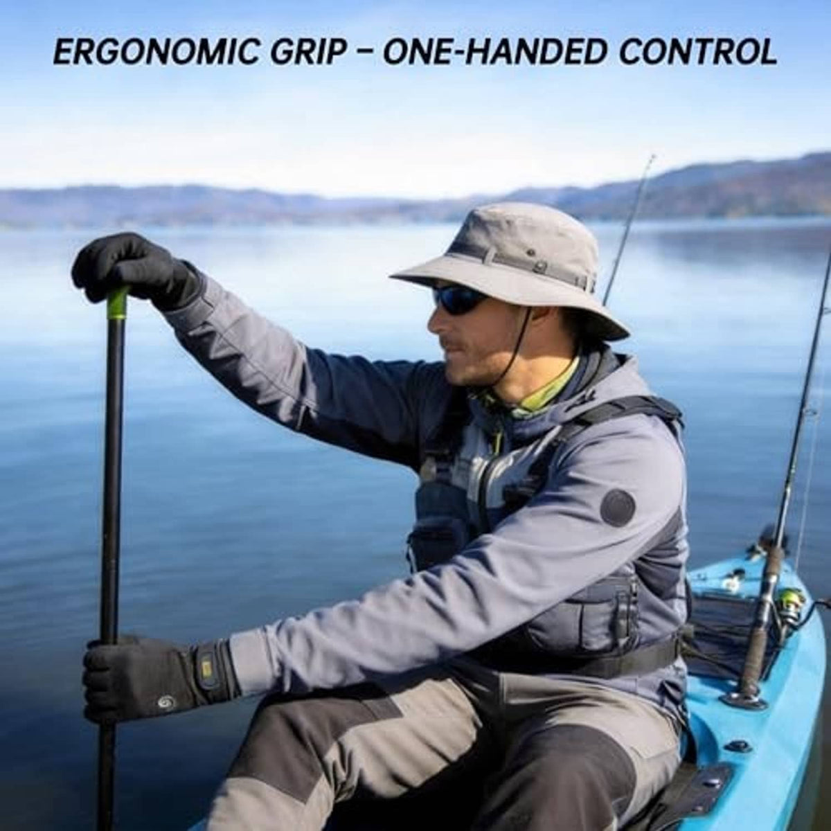 Shallow water anchor pole with green one-handed control grip and pointed anchor tip