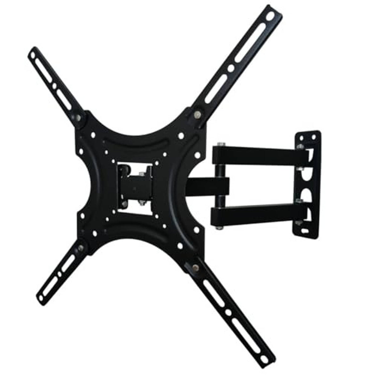 Full-motion TV wall mount bracket with diagonal arms and mounted wall bracket plate.