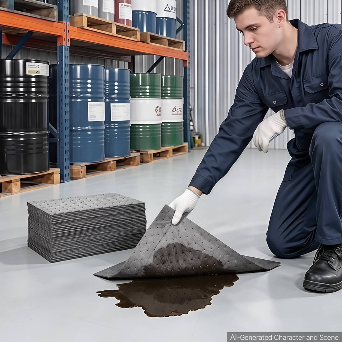 Gray oil absorbent pad laid flat on a floor with stacked pads nearby