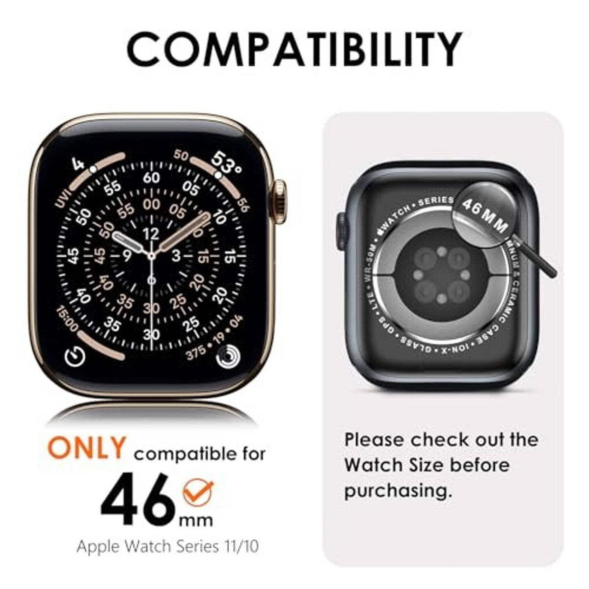Titanium-tone watch case for 46mm with black strap and orange circular side control