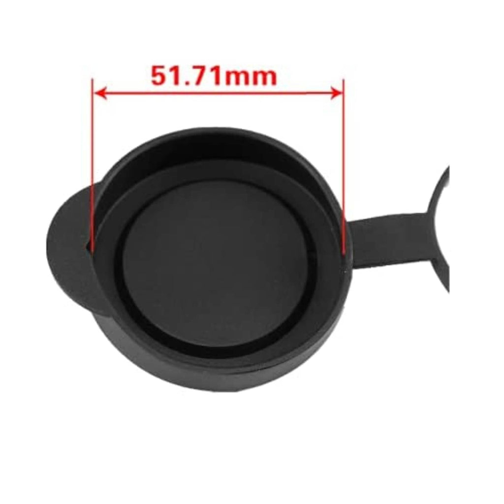 Black rubber rear lens cap for binoculars, round cover with 51.71mm size marking