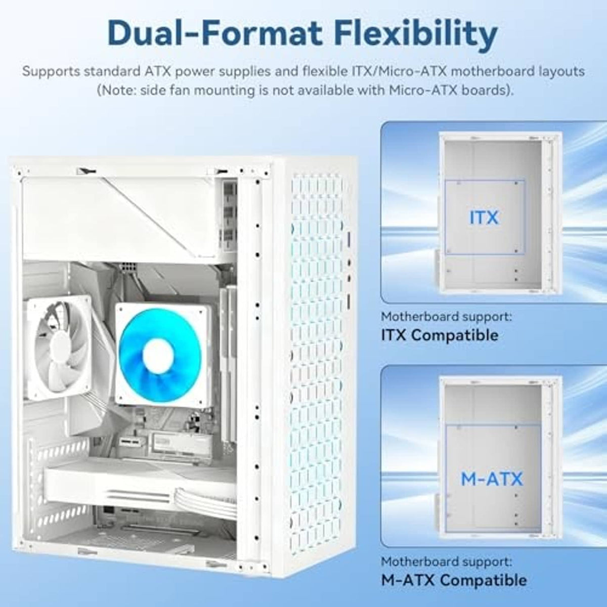 White micro ATX PC case interior showing airflow vented side and motherboard slots