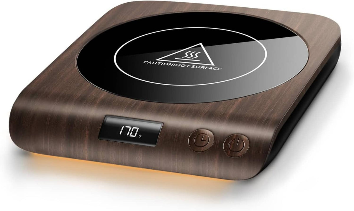 Woodgrain coffee mug warmer with round heating plate, power buttons, and 170°F display