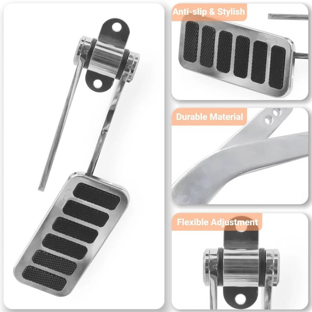 Polished aluminum pedal set with black rubber insert pads and adjustable mounting arm