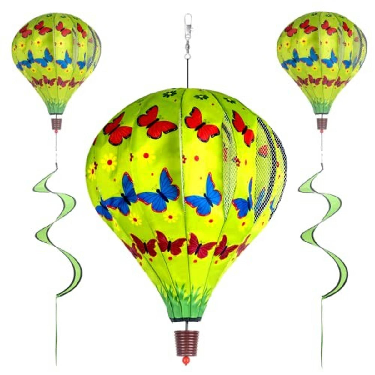 Green butterfly hot air balloon wind spinner set with curled tail metal hanging hook