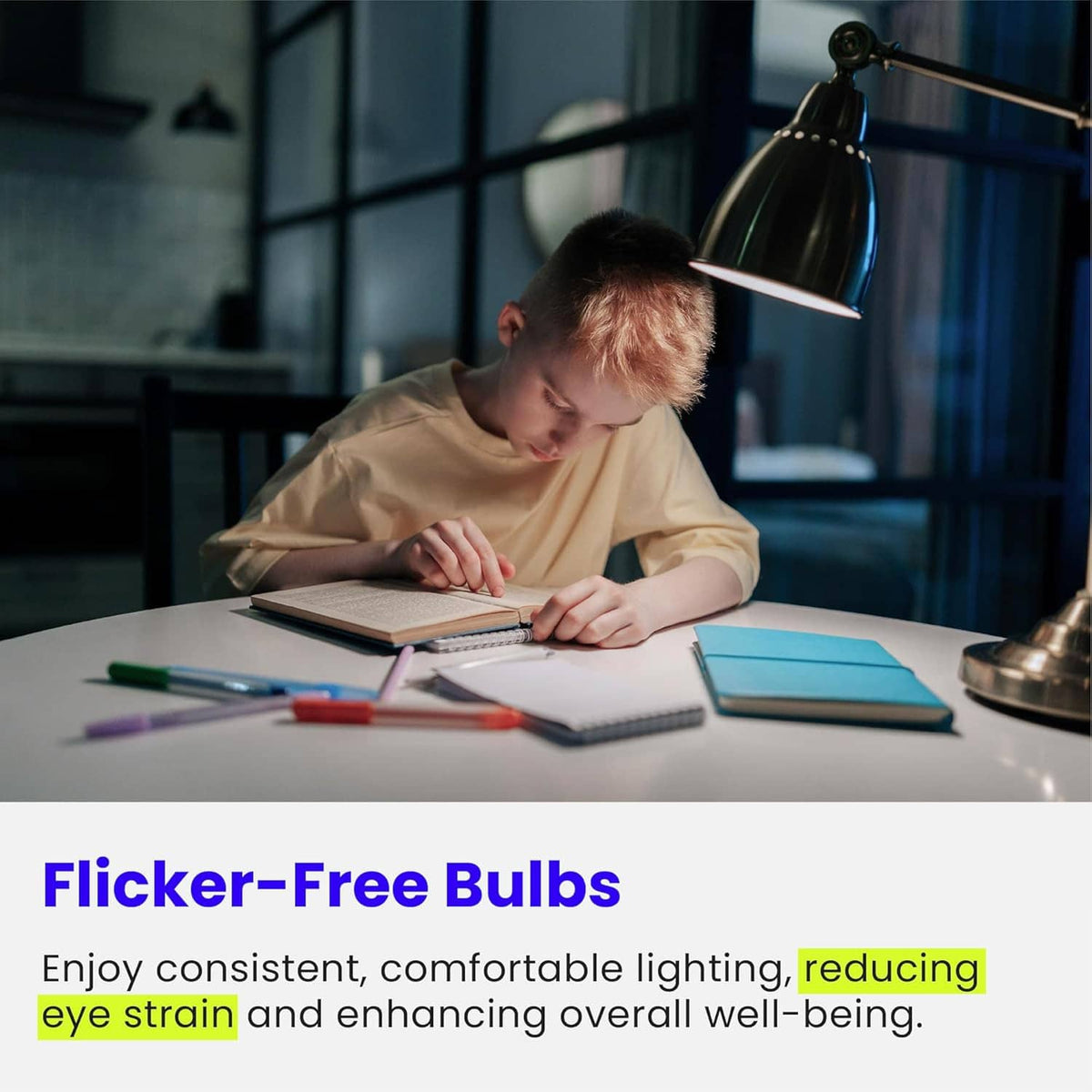 Desk lamp glowing with neutral white LED light for reading and studying.