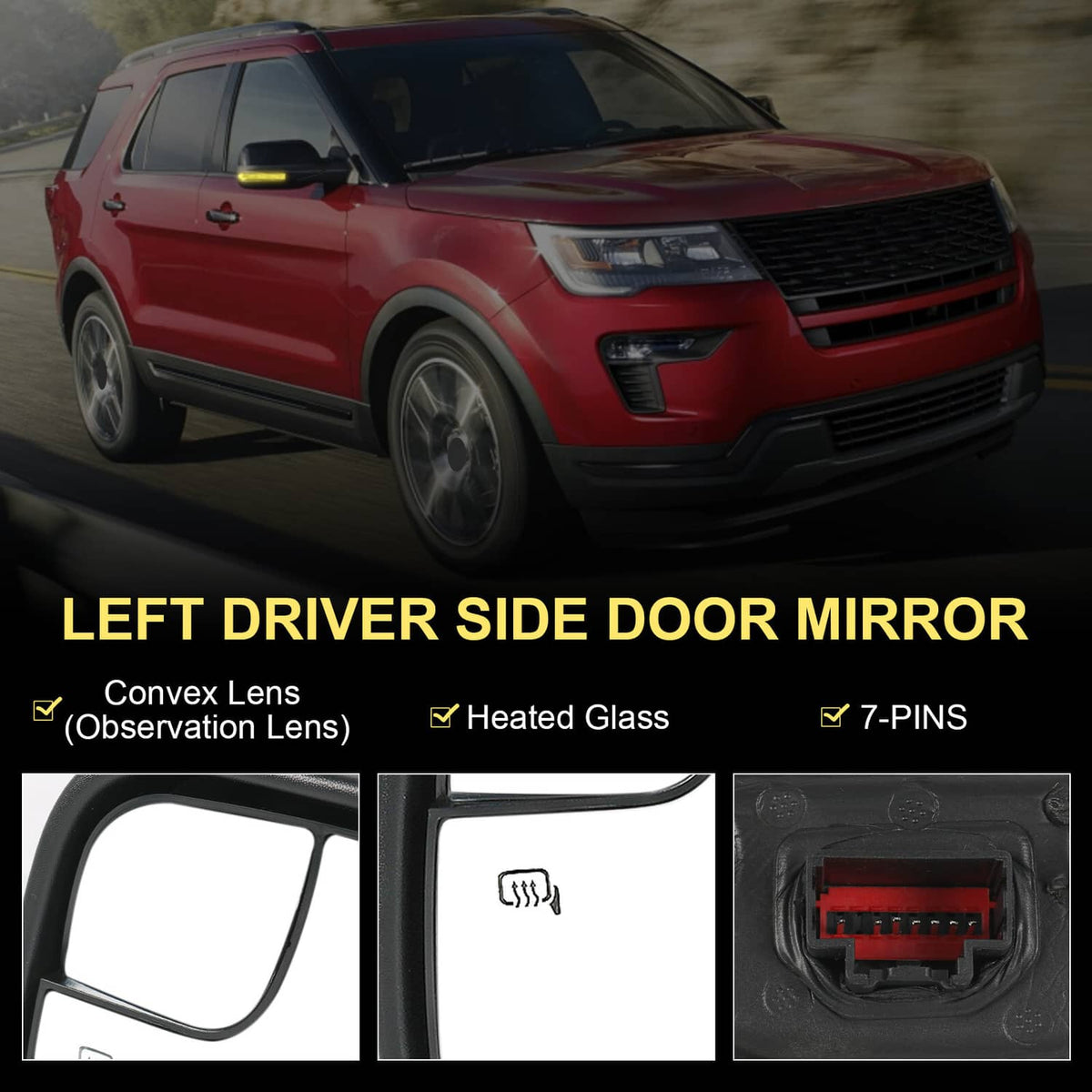 Left driver-side heated mirror with clear glass lens and 7-pin connector
