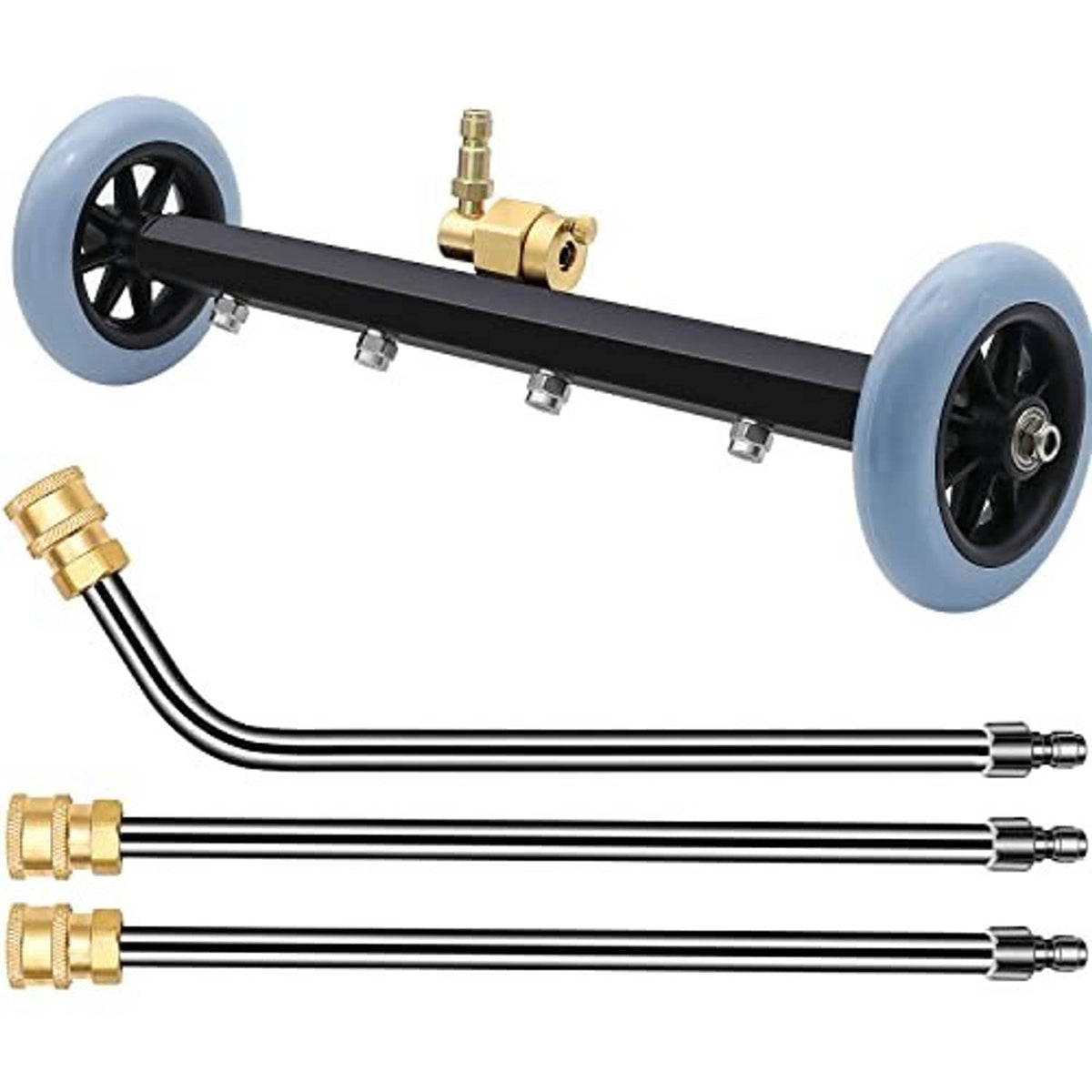 Pressure washer undercarriage cleaner with black bar, blue wheels, brass hose connectors
