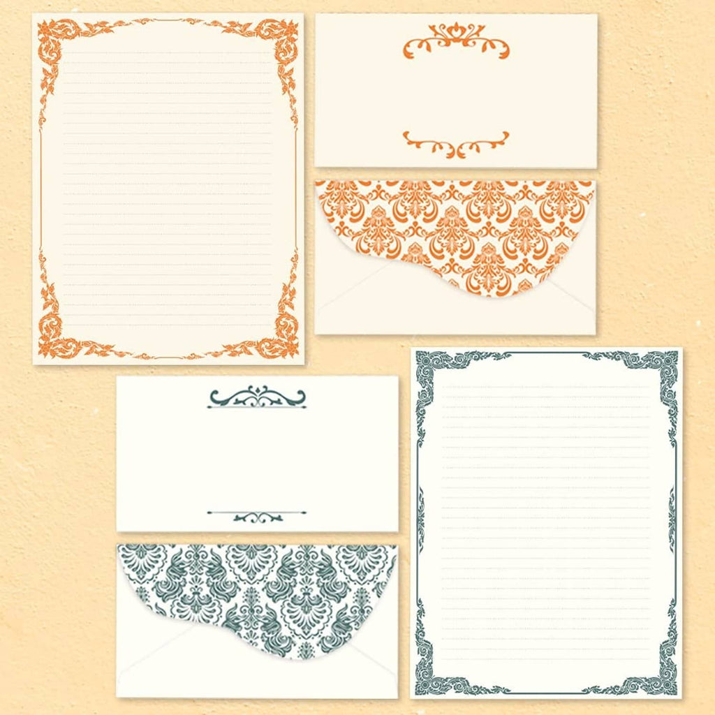 Set of ivory notecards with teal and orange ornamental frames and envelope flaps