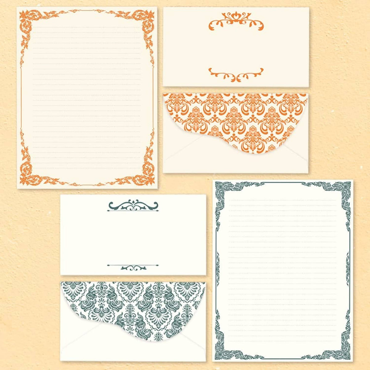 Set of ivory notecards with teal and orange ornamental frames and envelope flaps