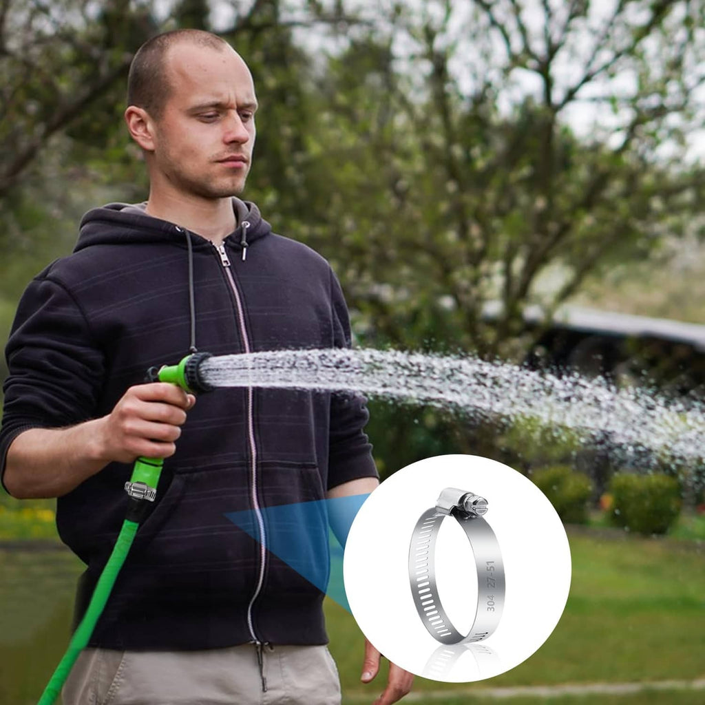 Stainless steel hose clamp in use on garden hose, adjustable band with screw