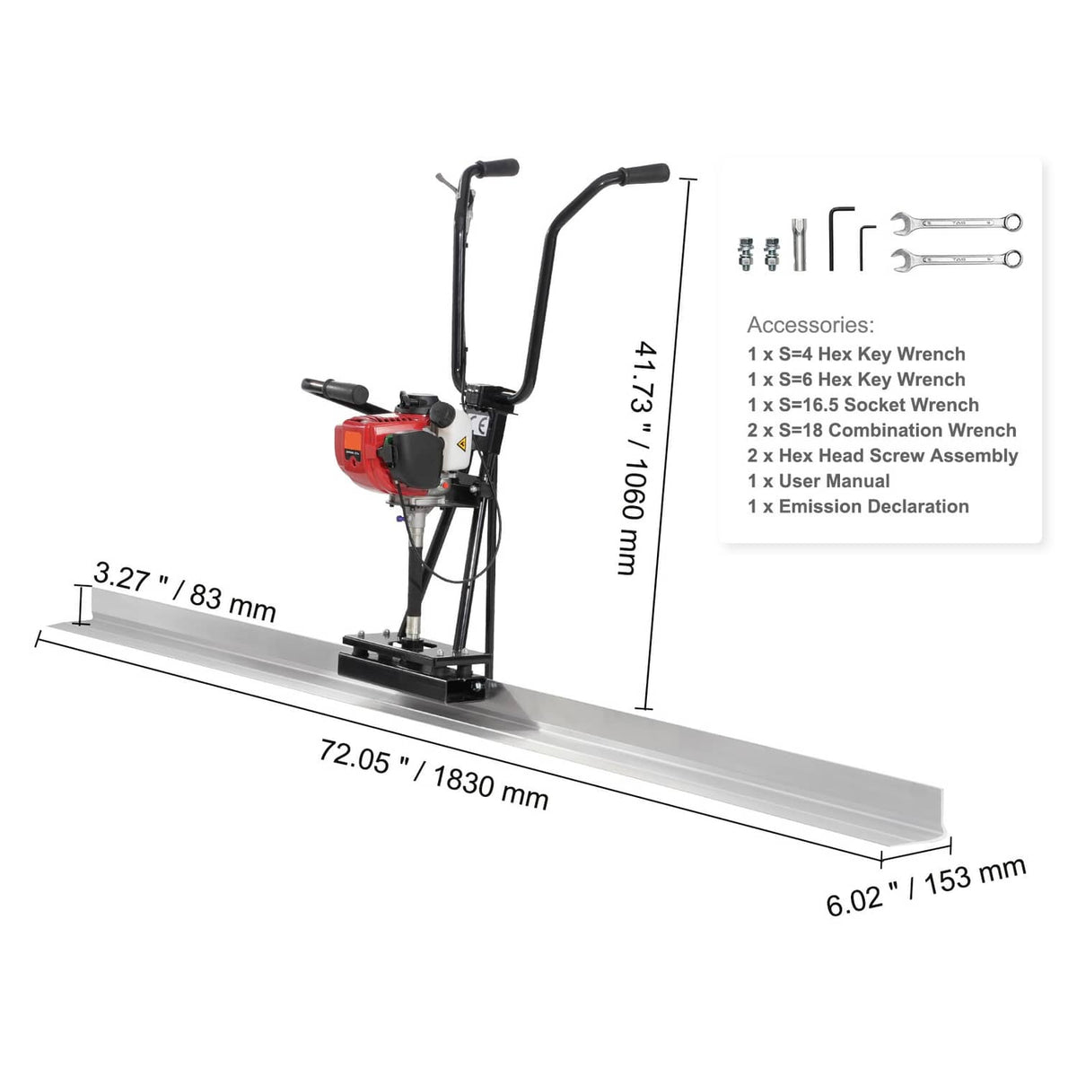 6ft gas concrete power screed float with red engine and tall black handle supports