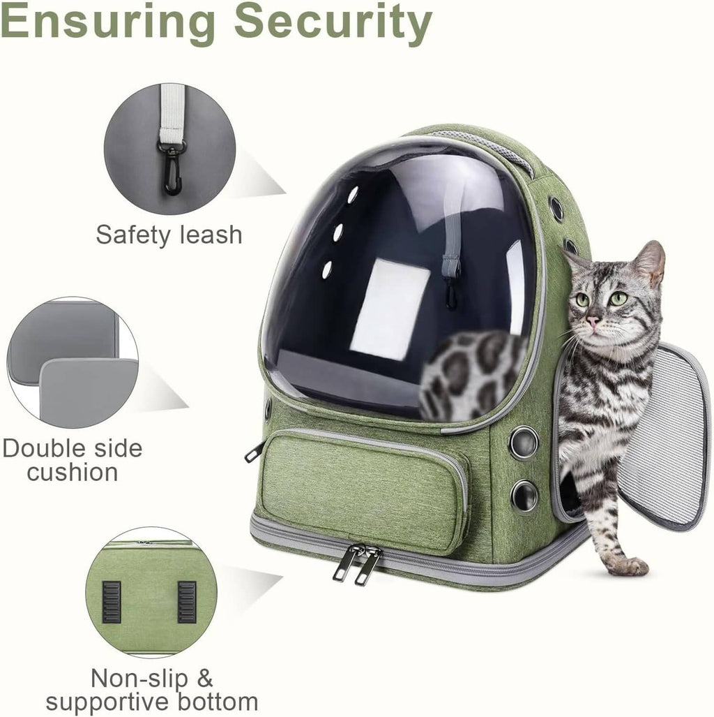 Green cat backpack carrier with clear bubble window, safety leash, and double side cushions