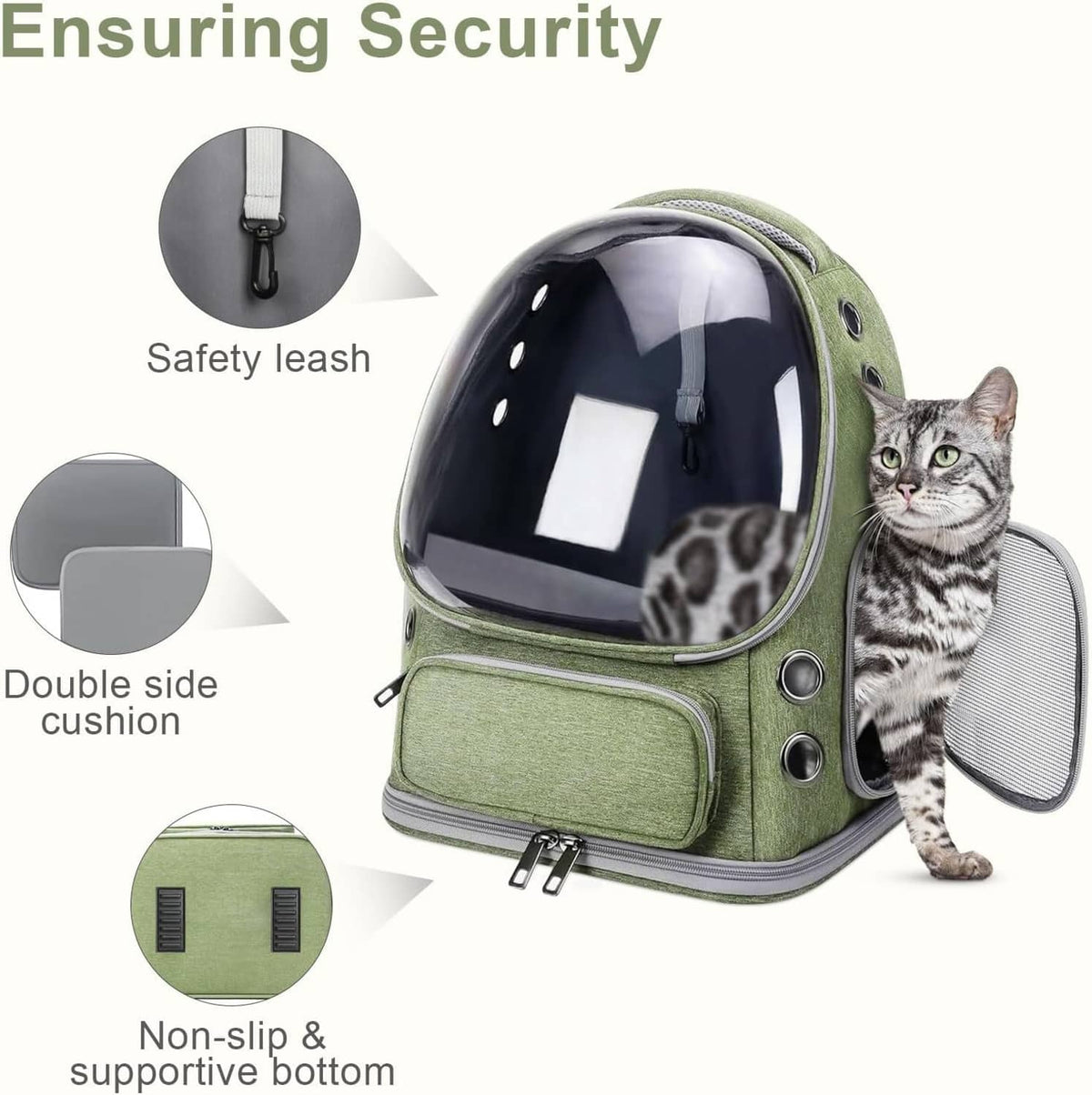 Green cat backpack carrier with clear bubble window, safety leash, and double side cushions