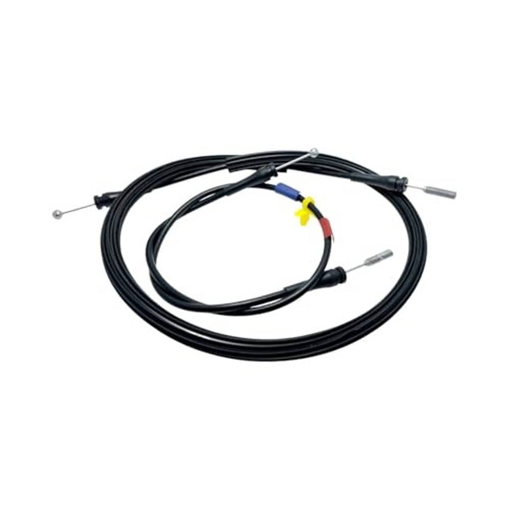 Black car door latch release cables with multiple ends, including a yellow and blue splice