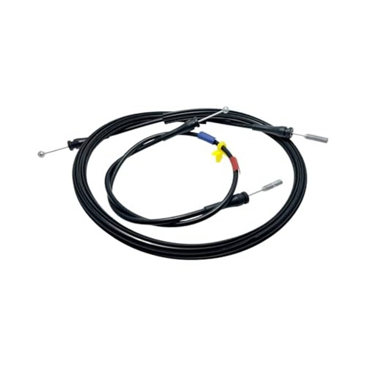 Black car door latch release cables with multiple ends, including a yellow and blue splice