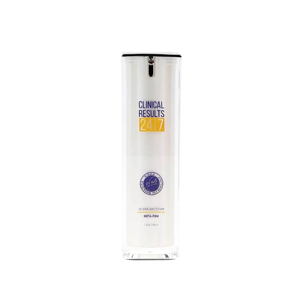 Skincare treatment bottle with clinical results 24/7 label, white pump package
