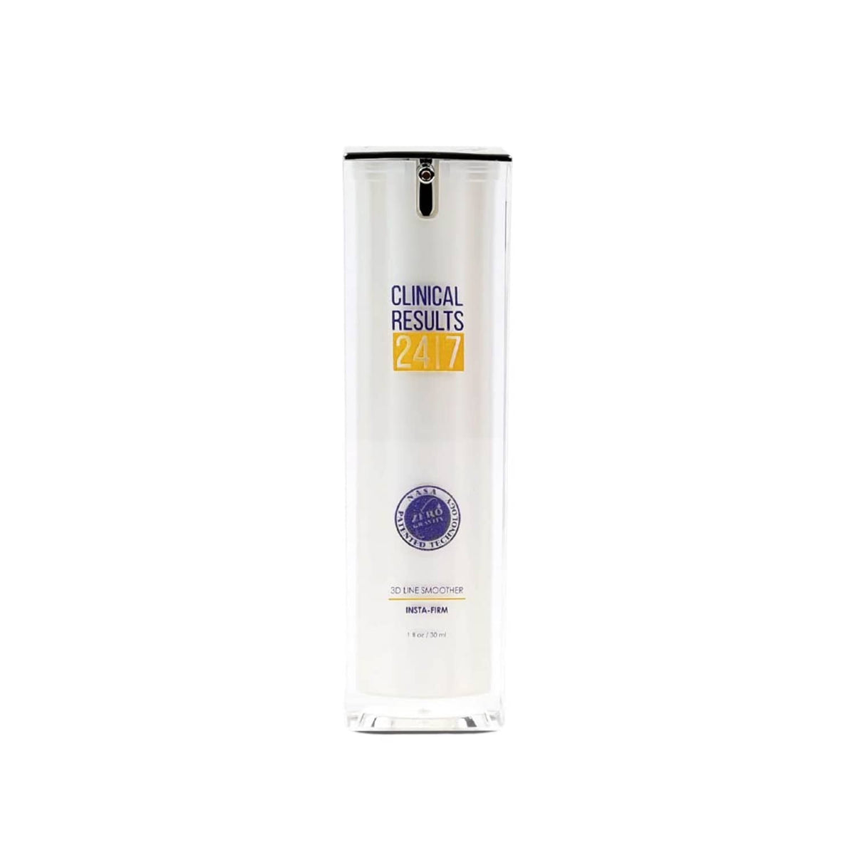 Skincare treatment bottle with clinical results 24/7 label, white pump package